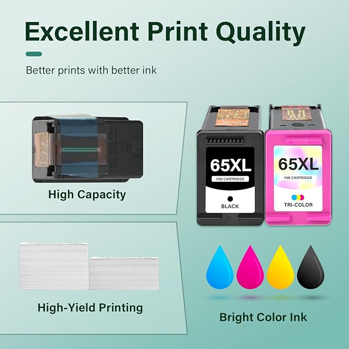 65XL 65 Ink Cartridges Black/Color Combo Pack Remanufactured Replacement for HP65 XL Black and Color for HP Envy 5055 5052 5000 DeskJet 3755 3772 3700 2600 3752 Printer (Black Tri-Color)
