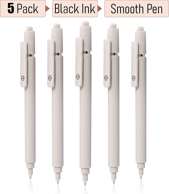 RIANCY Aesthetic Pens Beige Pens 5Pcs 0.5mm Quick Dry Black Ink Gel Pens Fine Point Smooth Writing Cute Pen Japanese Stationary Home Work Essentials Nurse School Gifts Office Supplies