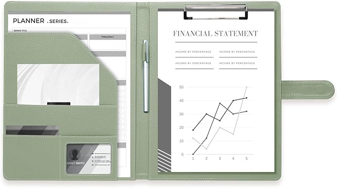 Clipboard Folder Padfolio, Mymazn Writing Portfolio Faux Leather Clipboards with Cover for Legal Pad Holder Letter Size A4 8.5 x 11 for Business Conference Notepad Clip Board (Sage)