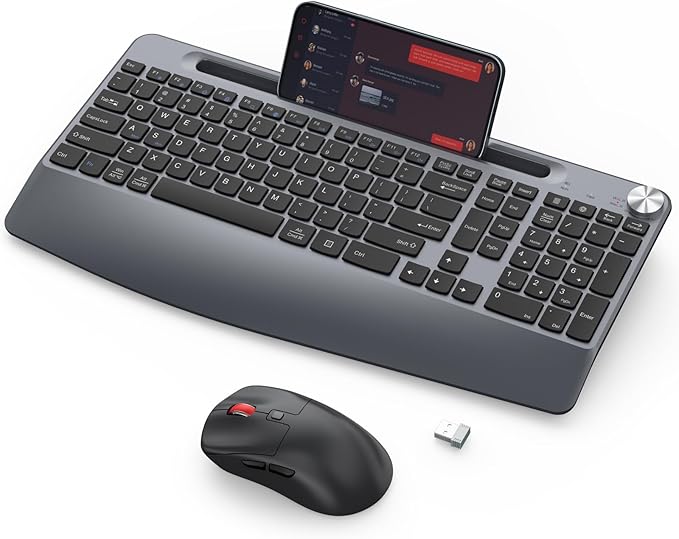 Ergonomic Wireless Keyboard and Mouse with Wrist Rest，Phone Holder - 2.4GHz Full-Sized Low-Profile Quiet Wireless Mouse and Keyboard Combo for Computer, Laptop, PC, Mac-Grey