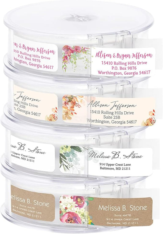 Bright Watercolor Floral Rolled Address Labels / 5 Vibrant Flower Bouquet Designs/Roll of 500 Personalized Address Labels/Designer Return Address Stickers in Elegant Plastic Dispenser