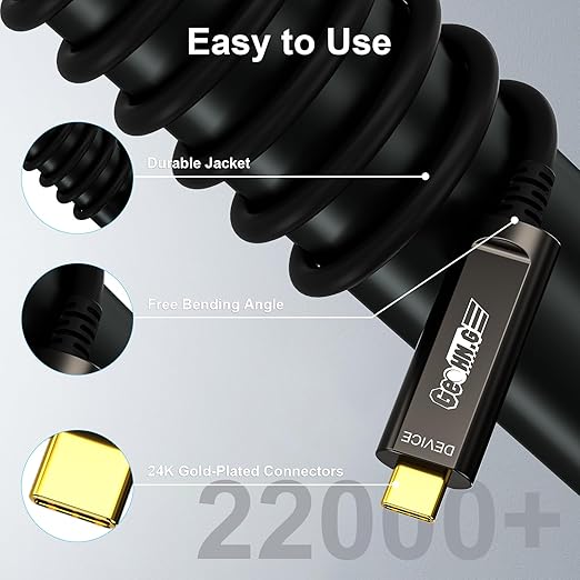 GeoHN.G USB C to C Fiber Optic Cable 15M/50FT, USB 3.2 10Gbps Long Distance Data Transfer USB C Extension Cable for VR, Camera, Mini PC, Laptop, Webcam, Printer and More