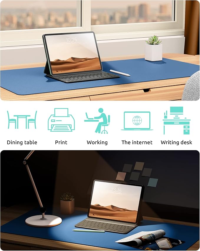 YSAGi Leather Desk Protector, Office Mat, Large Mouse Mat, Non-Slip PU Leather Blotter, Laptop Desk Pad, Waterproof Writing Pad for Office and Home (Sea Blue, 31.5" x 15.8")