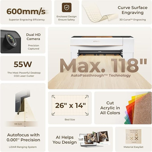 xTool P2 55W CO2 Laser Cutter, Smart Desktop CO2 Laser Engraver and Cutter Machine, Dual Smart 16MP Cameras, Curved Surface Engraving, Create with Wood and Metal Acrylic Glass Fabric Leather (White)