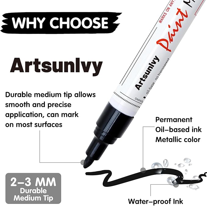 Permanent Paint Pens Paint Markers - 2 Pack Black & White Oil Based Quick Dry Waterproof Markers For Tire, Rubber,Wood, Rocks, Metal, Canvas