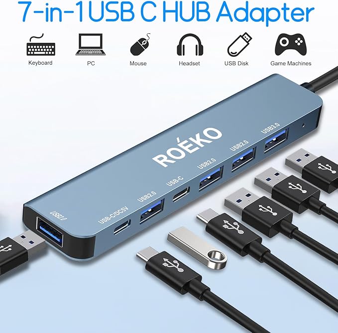 USB Hub 3.0,USB C hub,USB hub with USB C Multiport Adapter, USB Splitter with 1xUSB 3.0,4xUSB2.0,2 x USB C,USB c hub for MacBook Pro/PC/Laptop/Tablet Devices (Grey 7in1)