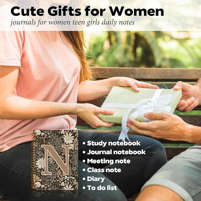 Initial N Personalized Journal Notebook, Boho Floral Journaling Notebooks for Women Girls, Costom Monogrammed Gifts for Women Mom Girls Friends, Letter Spiral Notebook, 5.5x8.3