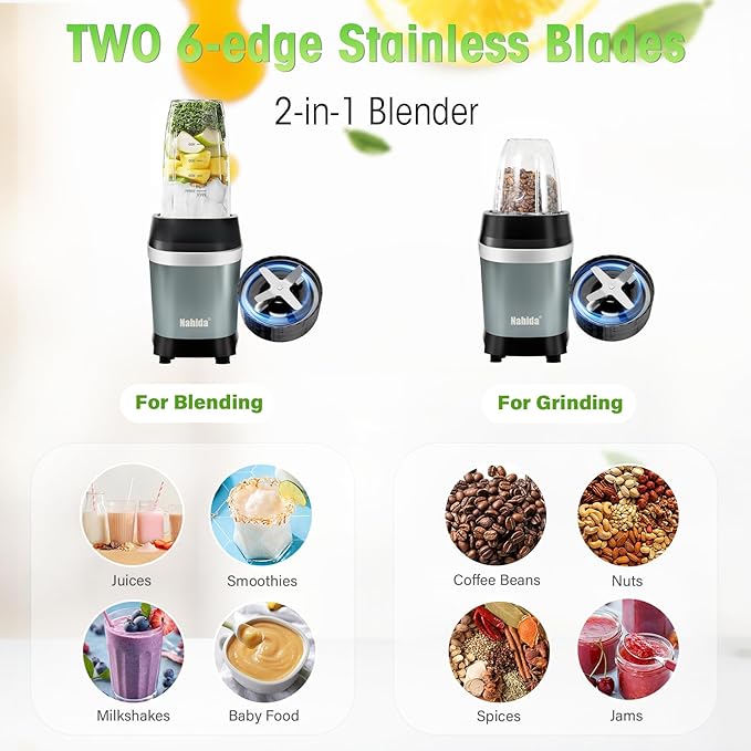 Nahida Blender for Smoothies, 1200W Smoothie Blender for Ices Crushing, Blenders with (2) 6-Fin Blades, Personal Blenders for Kitchen with 23oz, 32oz, 37oz Easy Go Cups for Juices,1200W, Blue