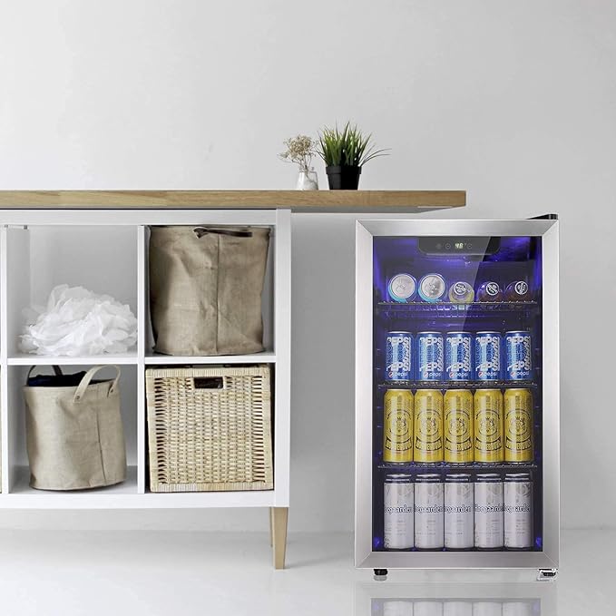 Antarctic Star Beverage Refrigerator -125 Can Mini Fridge for Soda Beer or Wine, Stainless steel door frame, for Office or Bar with Adjustable Removable Shelves, Black, 3.3 Cu.Ft