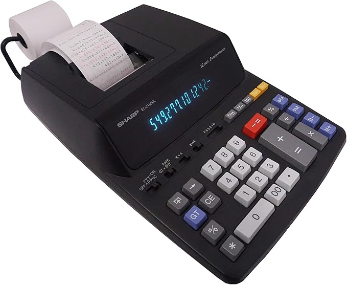 Sharp 12-Digit Print Calculator Desktop Size Adding Machine, Perfect for Everyday Use and Office, Bright, Large Easy-to-Read Numbers on Both The Display and The Two-ColorPrinted Tape (EL2196BL)