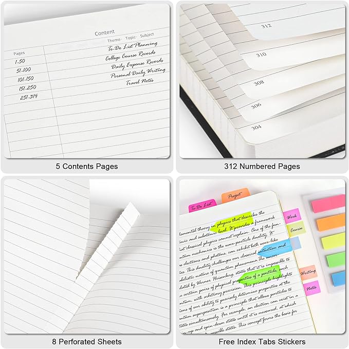 College Ruled Notebook, Large B5 Lined Journal Notebook, 314 Numbered Pages Work Notebook with Index Stickers, 100gsm Thick Paper, Hardcover Vegan Leather Journal for Women Men School Office, Black