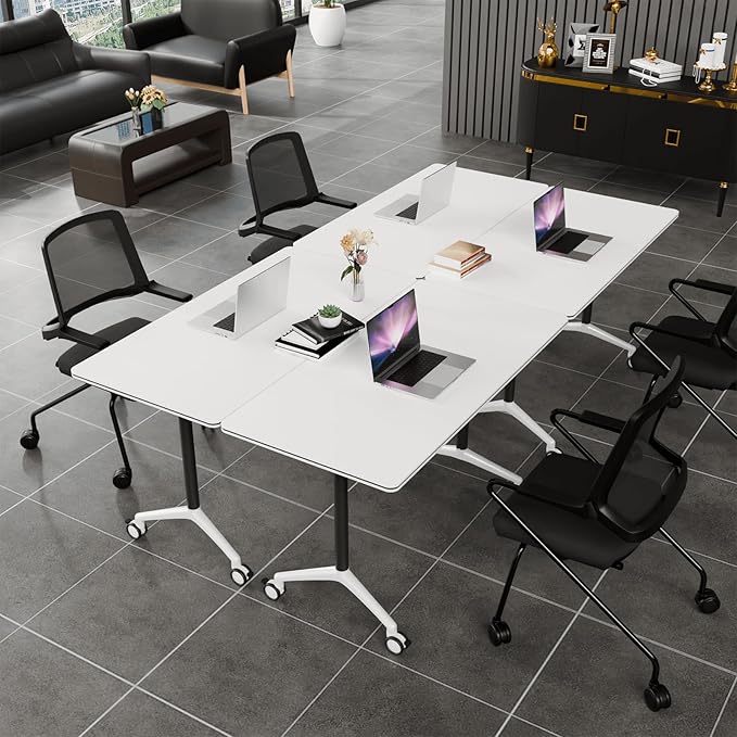 Folding Conference Table, Modern Conference Room Tables with Flip-Top Design, Foldable Conference Table Meeting Table with Wheels, Mobile Seminar Training Tables for Office Classroom (2, White 2)