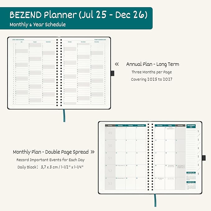 BEZEND Weekly Planner 2025-2026 with 2 Columns, 5.8" x 8.5" Academic Calendar 18 Months (Jul 25-Dec 26) Life Work Appointment Book with Monthly Tab, PU Leather Softcover Spiral - Prussian Blue