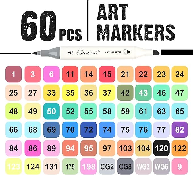 Alcohol Markers: Double Tipped Art Marker, 60 Count, suitable for Adults Artists Painting, Coloring Drawing Sketching, Multicolor
