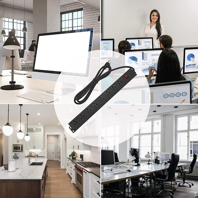 3Pack Metal 8 Outlet Mountable Power Strip, Wall Mount Outlet Heavy Duty, Wide Spaced Commercial Shop Power Strip with Switch, 6 FT Power Cord.