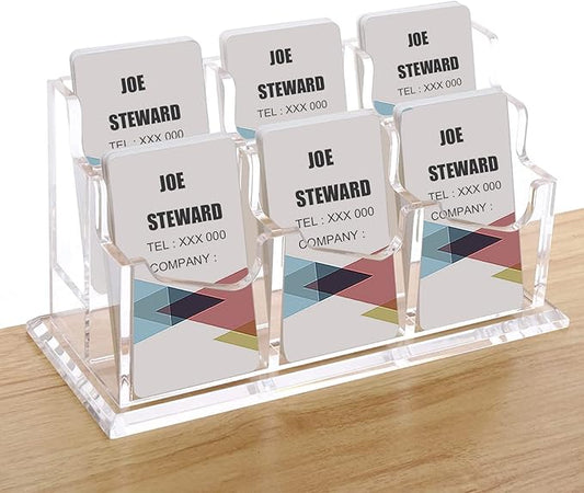 PARTSPOWER Acrylic Business Card Holder for Desk, Vertical Clear Business Name Card Display Stand, Desk Accessory Business Name Card Organizer (Vertical, 6-Slot)