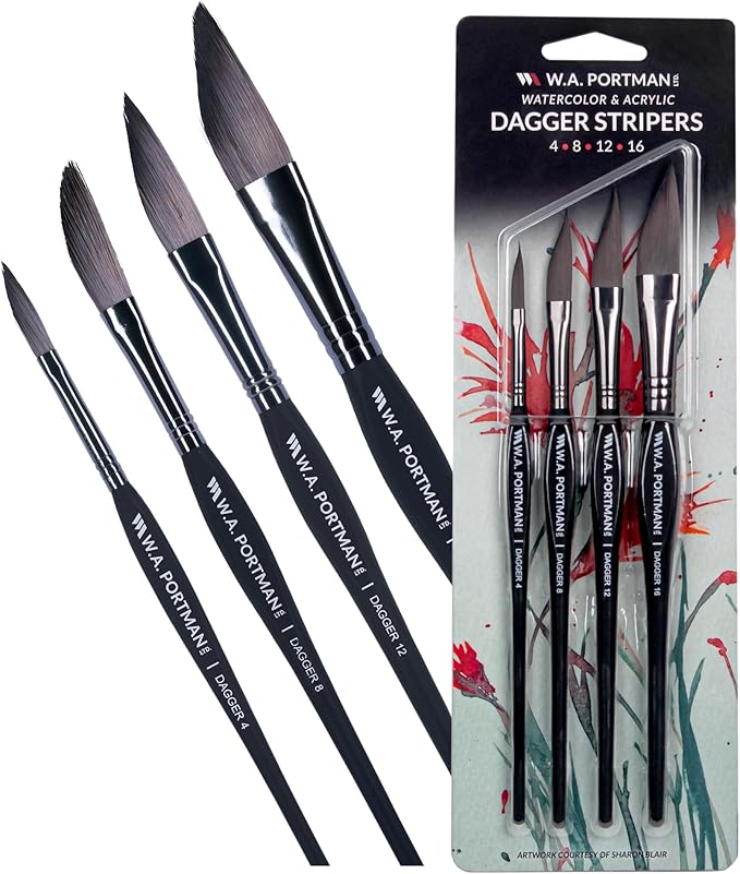 WA Portman Dagger Watercolor Paint Brushes Professional 4pc Set - 100% Vegan, Cruelty-Free Dagger Watercolor Brushes Professional - Acrylic Paint Brush Set with Triangular Comfort Grip