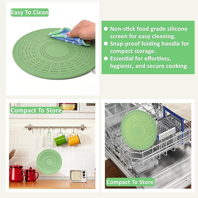 11" Multi-Functional Silicone Splatter Screen with Foldable Handle | 3-in-1 Activated Carbon Filter for Odor Absorption | Dishwasher Safe & Easy Cleaning | Fits 8-11" Pans