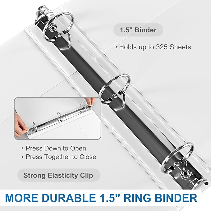 1.5 Inch 3 Ring Binder, 1-1/2“ Binder with 2 Interior Pockets, Durable White View Binders, Clear View Cover, Holds up to 325 Sheets US Letter Size, Perfect for Office/Home/School.（6 Pack）
