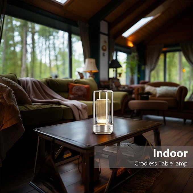 Portable Metal Table Lamp,Rechargeable Cordless LED Lamp for Indoor Outdoor, 3 Colour 4000MA Infinitely Dimming Battery Powered Small Desk Lamp, Restaurant Bedroom Bar Coffee Shop Camping Light-Silver