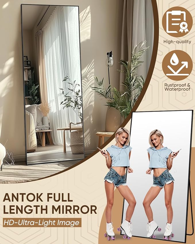 Antok Full Length Mirror, 59"x18" Floor Mirror, Floor Standing Freestanding Full Body Mirror with Stand for Bedroom, Hanging Mounted for Living Room Cloakroom, Black