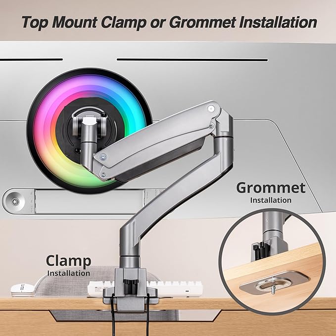 AVLT Single 17"-57" Super Ultrawide Monitor Arm for Screens Up to 59.5 lbs, Premium Aluminum Desk Stand, Adjustable Pneumatic Height, Full Motion Swivel Tilt Rotation, USB-C & USB-A Ports, Gray
