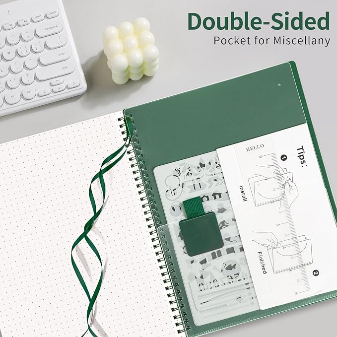 AHGXG Bullet Dotted Journal - Dot Grid Spiral Notebook 8.5" x 11", A4 Large Dotted Notebook, 100 GSM Thick Paper, Waterproof Plastic Cover Journals for Bullet Journaling, Sketching, Green