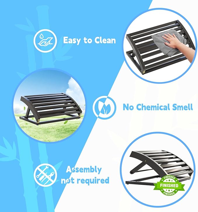 Foot Rest for Under Desk at Work - Adjustable Black Bamboo Footrest for Office and Couch