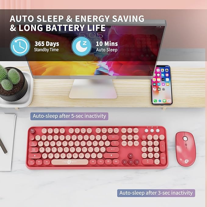 Wireless Keyboard and Mouse Combo, 2.4 GHz Wireless Full-Sized Typewriter Keyboard with Round Keycaps for Windows, Computer, Desktop, PC, Laptop (BerryPink)