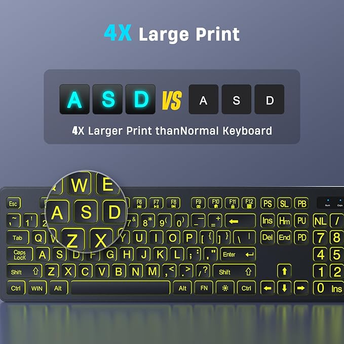 Large Print Wireless Keyboard and Mouse - 7 Colors Backlit Keyboard, Oversize Letters Keys Easy to See and Type, Rechargeable Keyboard and Mouse with Light Up Key, Compatible for PC, Windows, Gaming