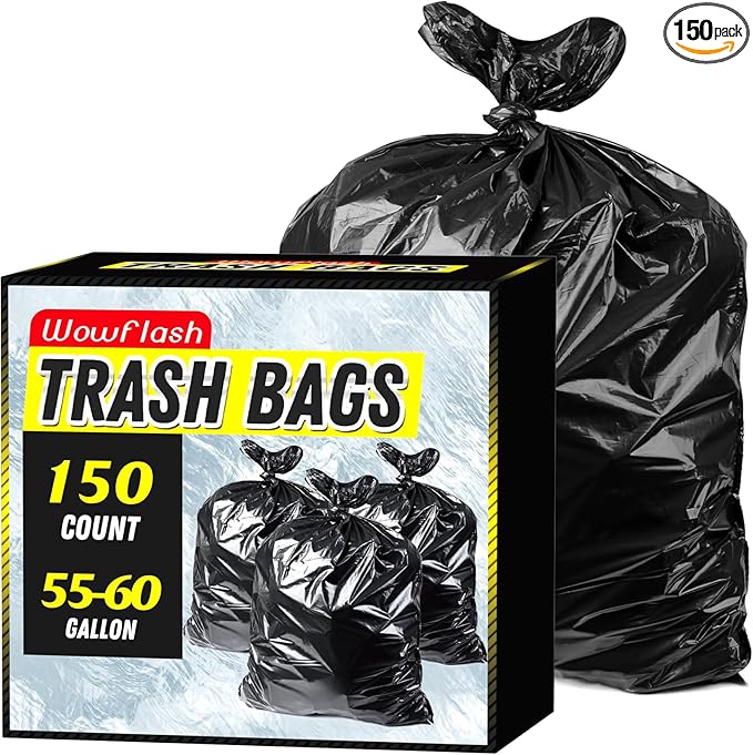 150 Count 55-60 Gallon Trash Bags, Sturdy & Tear-Resistant Commercial Can Liners 55 Gallon, Large Garbage Bags, Large Black Trash Bags for Commercial, Lawn and Leaf Bags