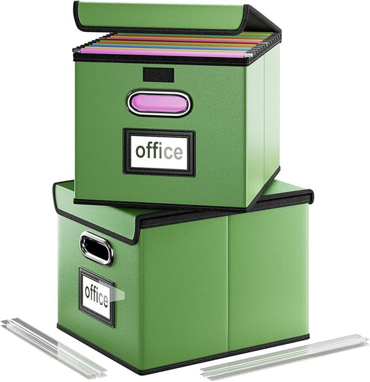 Huolewa Portable Leather File Organizer Storage Boxes, Collapsible File Folder Organizer Boxes with Lids, Document Organizer, Decorative Filing Box Cabinet for Letter/Legal File Folder Storage