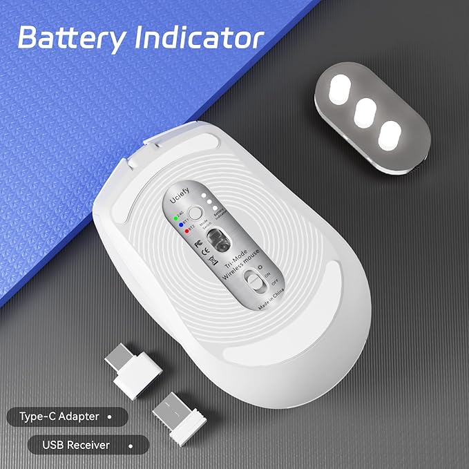 Uciefy Bluetooth Wireless Mouse, (BT5.0/5.1+2.4GHz) USB C Rechargeable LED Mouse Battery Level Visible, Honeycomb Magnetic Shell Cover with USB Receiver & Type-C Adapter for Laptop/PC/Mac/iPad-White