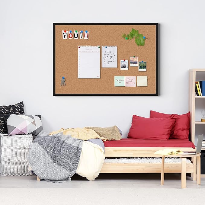 Board2by 2-Pack Cork Board Bulletin Board 48 x 36, Black Aluminium Framed 4x3 Corkboard, Office Board for Wall Cork, Large Wall Mounted Notice Pin Board with 18 Push Pins for School, Home & Office