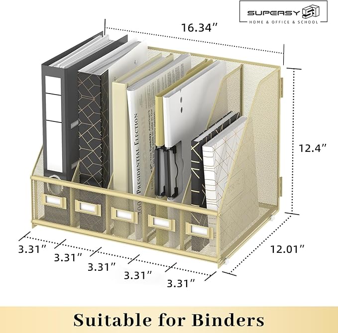 SUPEASY Desk Organizers Metal Desk Magazine File Holder with 5 Vertical Compartments Rack File Organizer for Office Desktop, Home Workspace, Golden Yellow, Plus