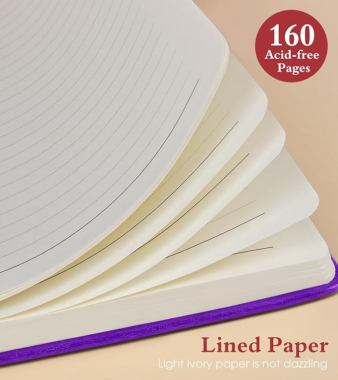 Lined Journal Notebook for Men Women, 160 Pages Ruled Paper, Inner Pocket, A5 Hardcover Vintage Leather Notebooks for Work, School, Travel Journaling, Daily Diary, Notepad 5.8" x 8.5" (Purple)