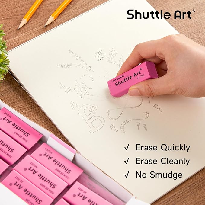 Shuttle Art Pink Erasers, 200 Pack Bulk for School, Office, Latex-Free Soft Erasers for Kids, Teachers as School Supplies
