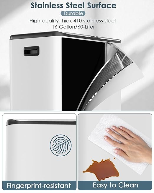 Arlopu 16Gal Dual Trash Can w/2 Built-in Box for Odor Control, Hands-Free Kitchen Garbage Bin, Recycle Waste Dustbin, Soft-Close Lid, 2 Buckets,Foot Pedal, Side Handle, Airtight,for Home Office