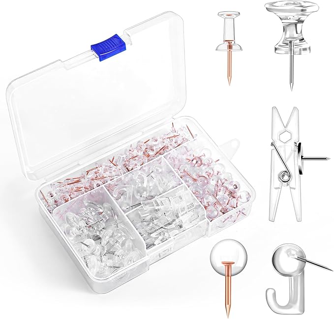 240Pcs Clear Thumb Tacks,5 Style Thumbtacks, Clear Plastic Push Pins for Cork Board, Bulletin Boards, Wall