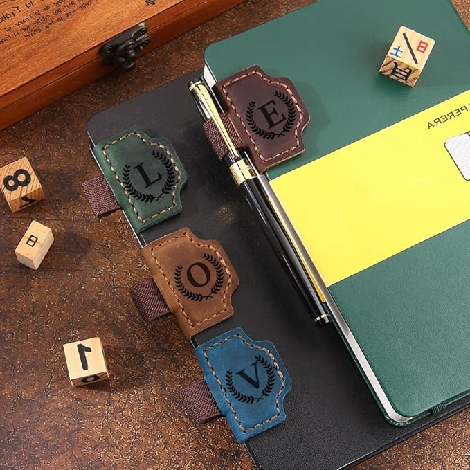Custom Bookmark with Pen Holder with 26 Letters Personalized Magnetic Leather Book Mark, Customized Name Book Marker Clip with Initial for Men Women, Gifts for Book Lovers, Readers, (Brown, L)