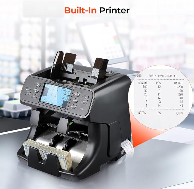 MUNBYN 2-Pocket Money Counter Machine Mixed Denomination, Money Sorter, Built-in Printer, Sort on DENOM/FACE/ORI, Value Counting, 2 CIS/UV/MG/IR Counterfeit Detection, Touch Screen, 2Y Protection