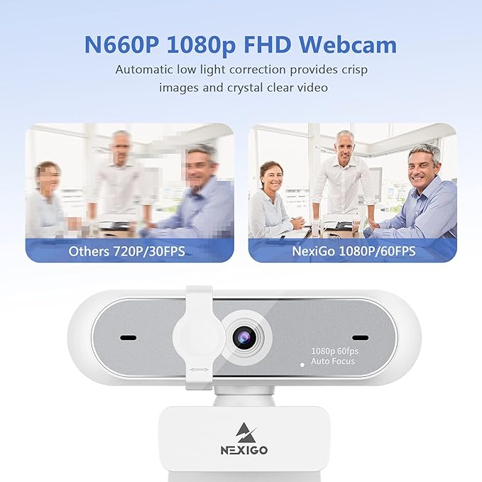 NexiGo N660P 1080P 60FPS Webcam with Software Control, Dual Microphone & Cover, Autofocus, HD USB Computer Web Camera, for OBS/Zoom/Skype/FaceTime/Teams/Twitch, White
