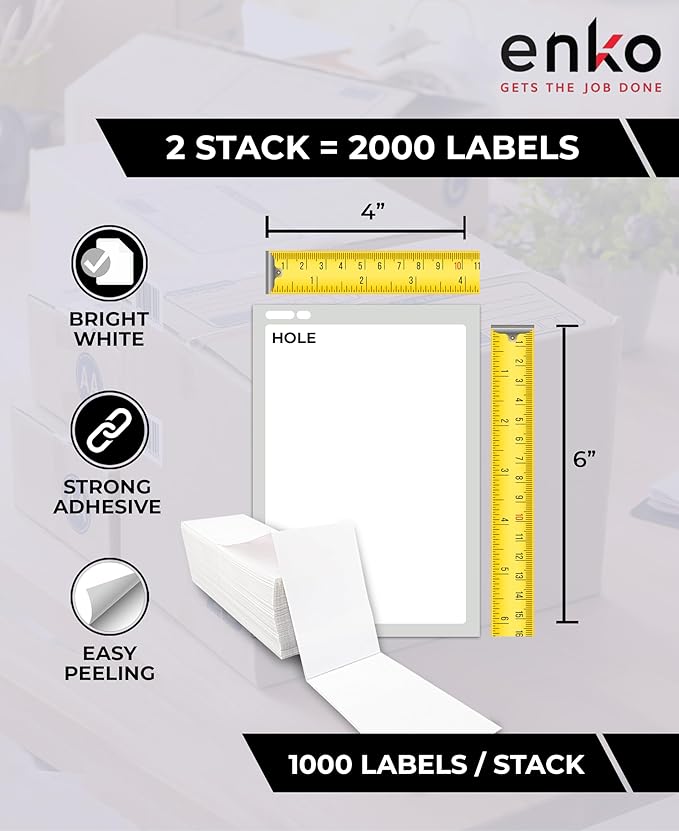 enKo 2 Stacks/2000 Labels 4"x6" Fanfold Direct Thermal Labels Compatible for Rollo Zebra Printer - Shipping Mailing Postage Labels, Perforated, Permanent Adhesive (2 Labels/Fold | 1000 Labels/Stack)
