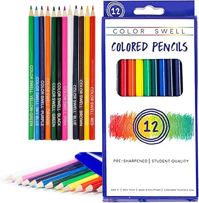 Color Swell Colored Pencil Pack 12 Count Assorted Vibrant Pre-Sharpened Colors Perfect for Kids, Teachers, Classrooms, and All Ages