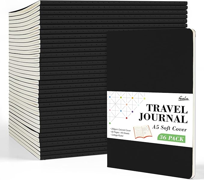 feela 36 Pack Soft Cover Journal Bulk, Lined Blank Travel Journal for Women Men Writing, Notebooks College Ruled for Work, Note Taking Notebook School Business Supplies, 8.2” x 5.5”, A5, Black
