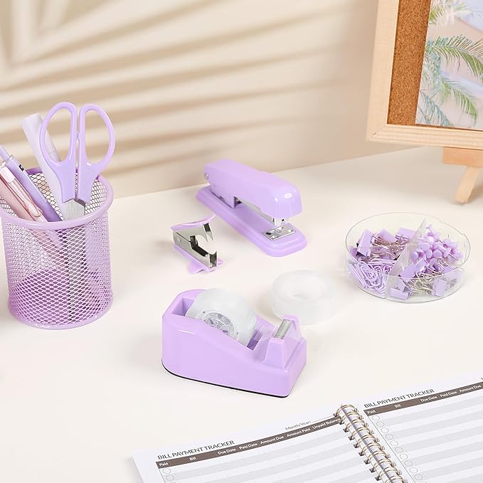 SKYDUE Purple Desk Accessories, Purple Office Supplies Set, Stapler, Tape Dispenser, Scissors, Binder/Paper Clips and 1000pcs Staples,Office Supplies for Women