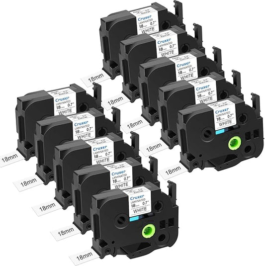 Cruxer 10 Pack Compatible for P-Touch TZe-241 TZe241 18mm 3/4" 0.7" Label Tape Black on White Tape Replacement for Ptouch PTD400AD D450 D600 PTP700 P750W PTH500LI PT1810 1880C 2730 2030 Label Maker