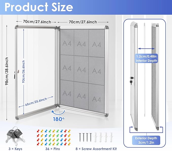 SWANCROWN Enclosed Bulletin Boards Protective Information Case Locking Display Cabinet for Office School,Resin Glass Door,38x28 inches(9xA4)