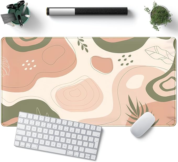 Boho Green Cream Desk Mat Boho Kawaii Green Mouse Pad Cute Desk Mat, Large Aesthetic Mouse Pad XL Desk Decor for Women with Stitched Edge Mouse Desk Pad for Keyboard and Mouse Desk Pad, 31.5x15.8in.