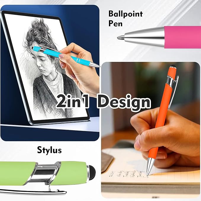 12 PCS 2 in 1 Stylus Ballpoint Pen with Stylus Tip, 1.0 mm Black Ink Metal Pen Stylus Pen for Touch Screens (Silver & Mix - 2)